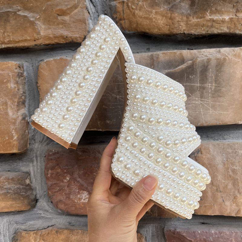 Fashion 2025 New Handmade Full Rhinestones Platform Wedges Women Slippers Sandals Fashion Summer High heels Mules Slides Chunky Shoes