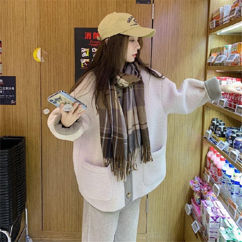 Women s Fleece Cardigan Contrast Trim Button Up Casual Loose Jacket L