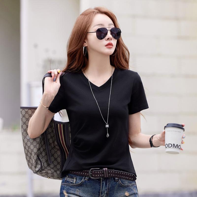 Fashionable and Casual Summer New Versatile V-neck T-shirt Pure Cotton Pot-covering T-shirt for Women Making You Look Slimmer