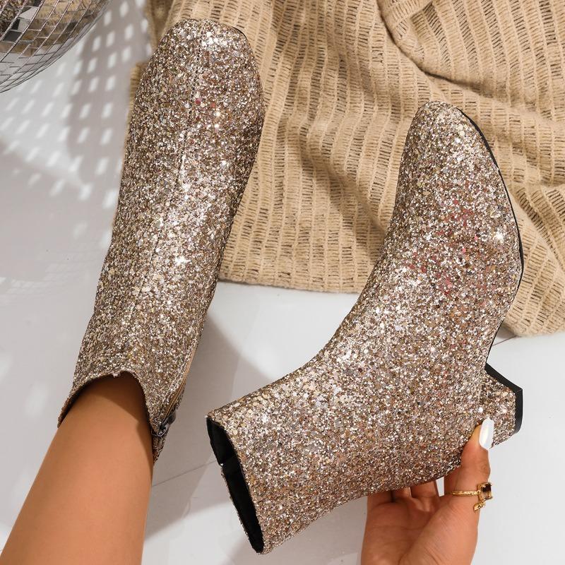 Fashion Bling Mid Heels Women Ankle Boots 2025 Fad Luxury Comfortable Shoes Winter New Trends Chelsea Short Boots Dress Pumps Zapatillas
