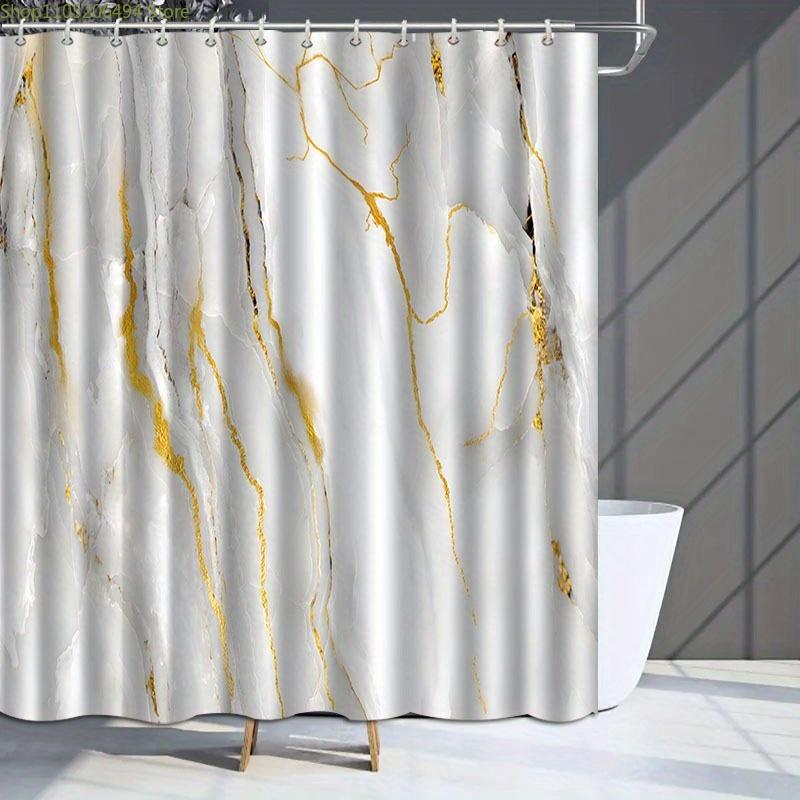 1pc Elegant Marble Pattern Shower Curtain with Hooks - Machine Washable Polyester, Golden & White Design, Perfect for Bathroom