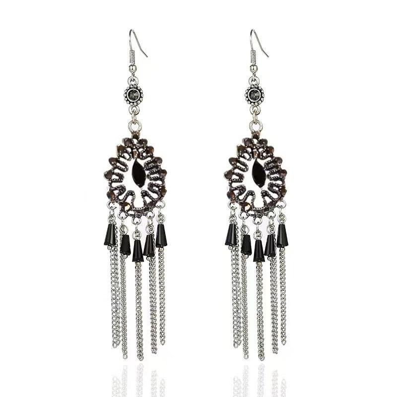 Bohemian Diamond Fringed Earrings Fashion Ethnic Style Temperament Ear Hook Hollow Water Drop Shaped Versatile Earrings