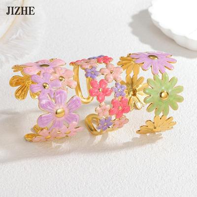 Frisches und Süßes Buntes Emaille-Blumen Offenes Armreif: Luxuriöses High-End-Mode-Edelstahlarmband