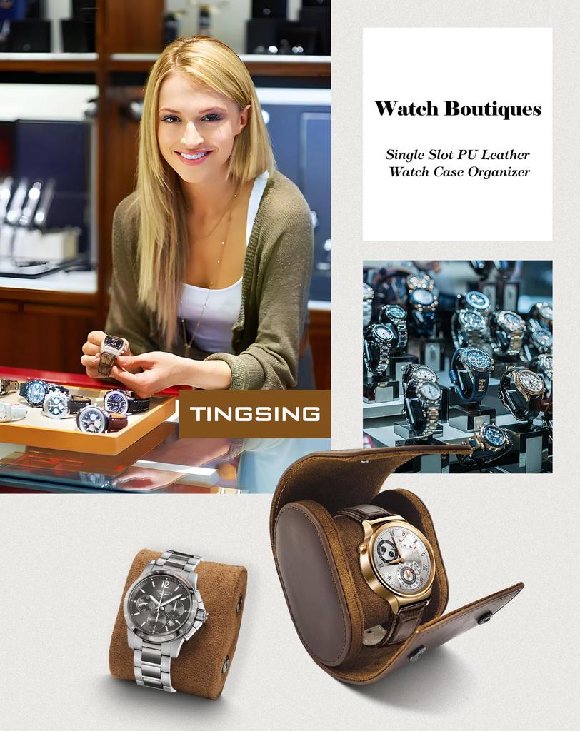 TINGSING Watch Case for One PU Leather and Perfect for Business Trips and Stylish Gift Watch, Brown, Suede, Portable, Travel,