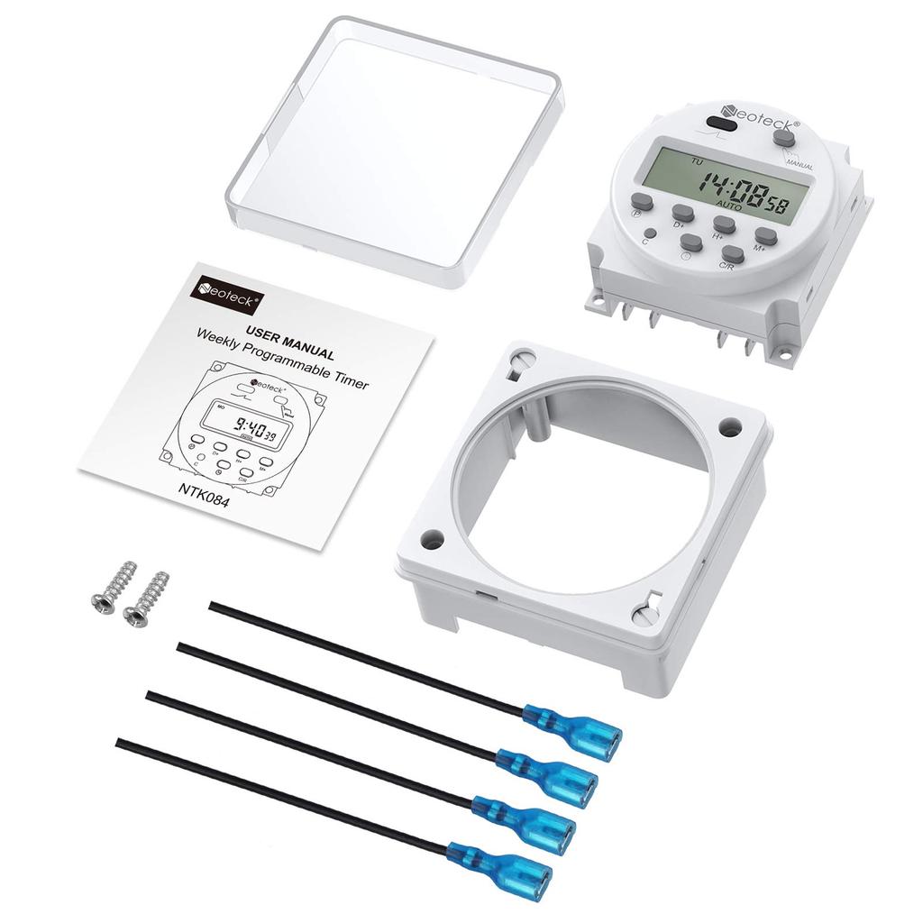 Neoteck Timer DC 12V Programmable Weekly Waterproof Cover Wire Connector Included Switch, 16A, Timer, &