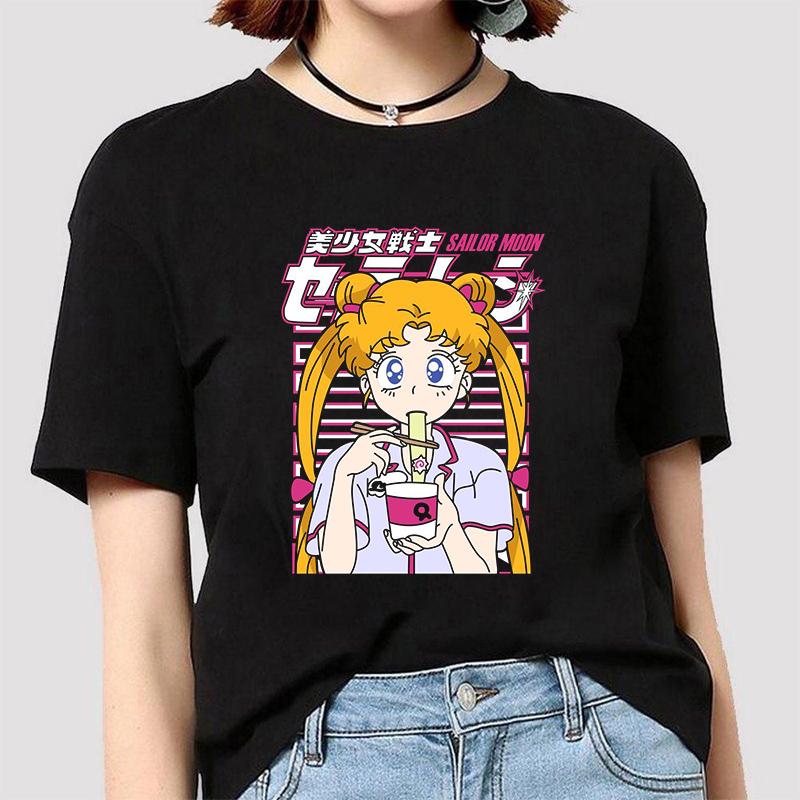 Anime Sailor Moon 18 Different Patterns Summer Printed Casual Black Short Sleeves Cotton Tops O Neck Women T Shirts