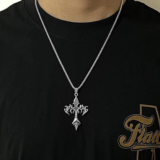 Men's Stainless Steel Cross Necklace - Vintage Flame Pendant Alloy Accessories - 2025 Hot Selling Jewelry