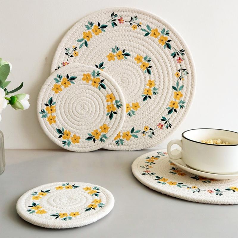 Cotton Coasters Pad Heat Protective Round Placemat Dishwasher Safe Surfaces Protectors for Hot Utensils Table top