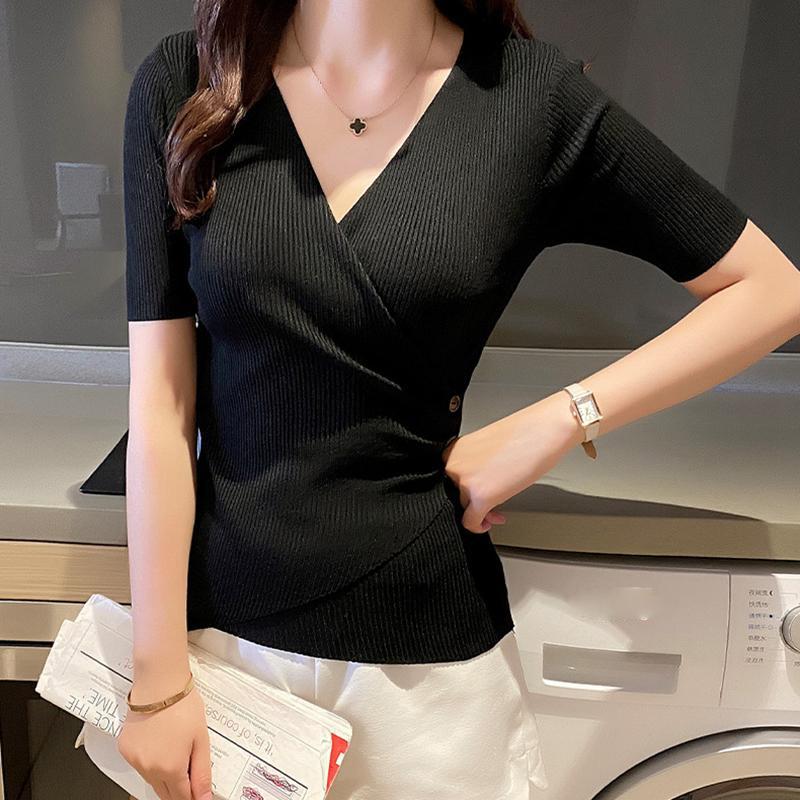 Women Summer V-Neck Ice Silk Knitted Thin Sweater Shirt Top Short Sleeve Slim Irregular Bottoming Button Solid Color