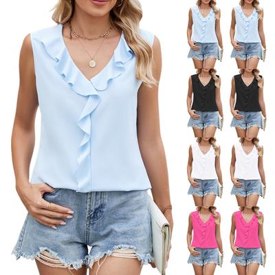 Women's Chiffon Sleeveless V-neck Pleated Ruffle Loose Top