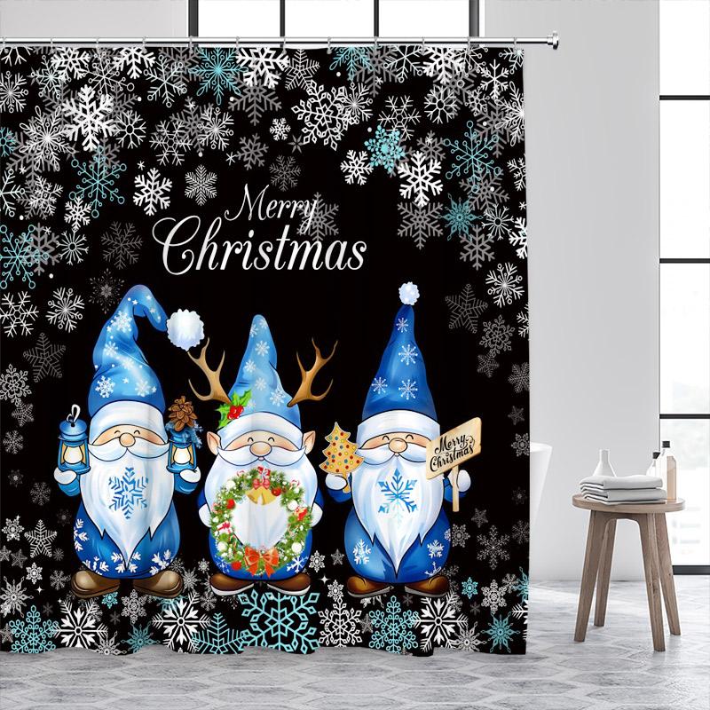 Cartoon Santa Claus Shower Curtains White Snowflake Wreath Blue Christmas Bath Curtain Set Fabric Home Bathroom Decor With Hooks