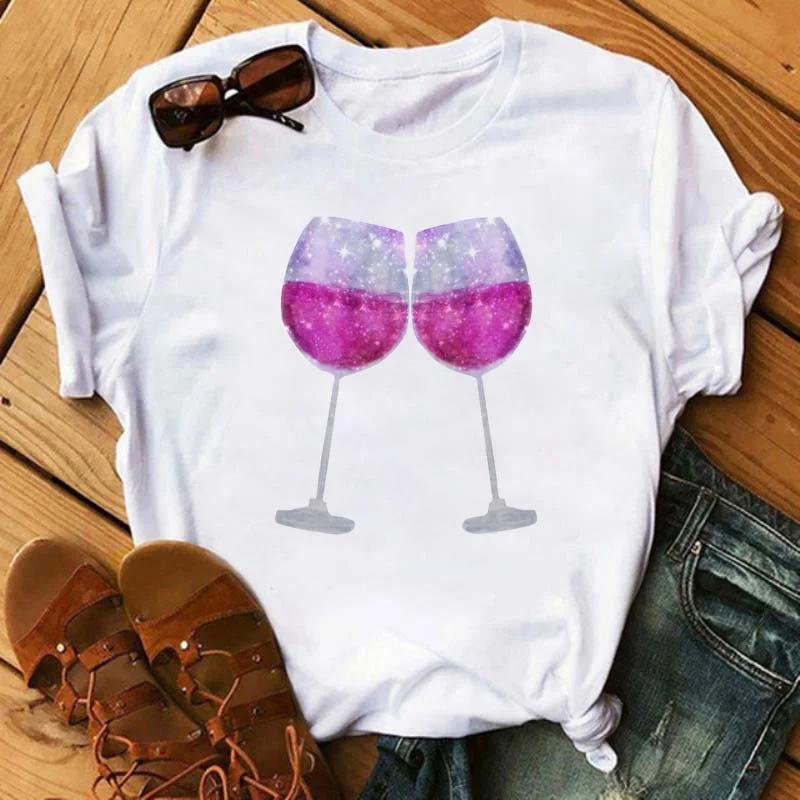 Wine Glasses Printed Tshirts Women Summer Short-sleeve Wine Glass Funny Casual T Shirts Female Black Tops Woman Clothing