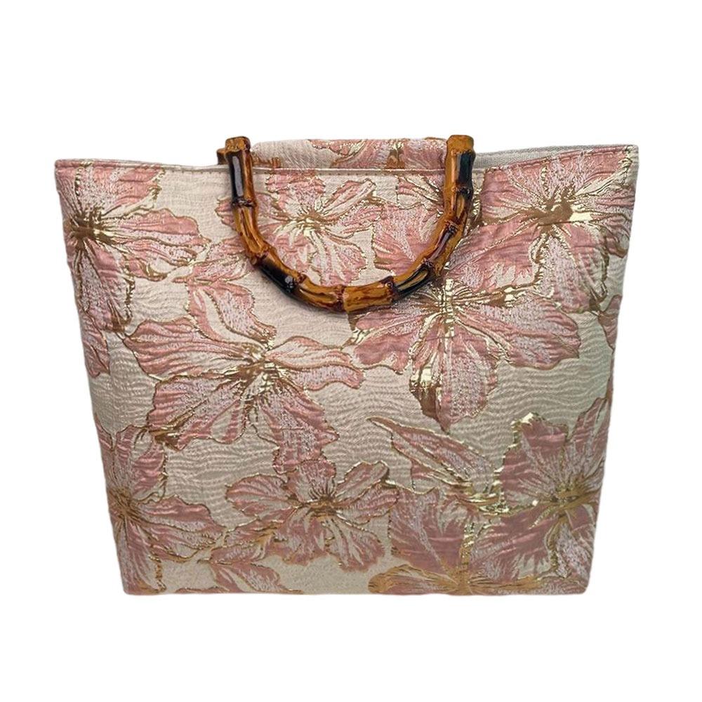 Bamboo Handle Hanfu Tote Bag Retro Style Large Capacity Bamboo Jacquard Bag National Style Vintage Floral Qipao Tote Bag розовый