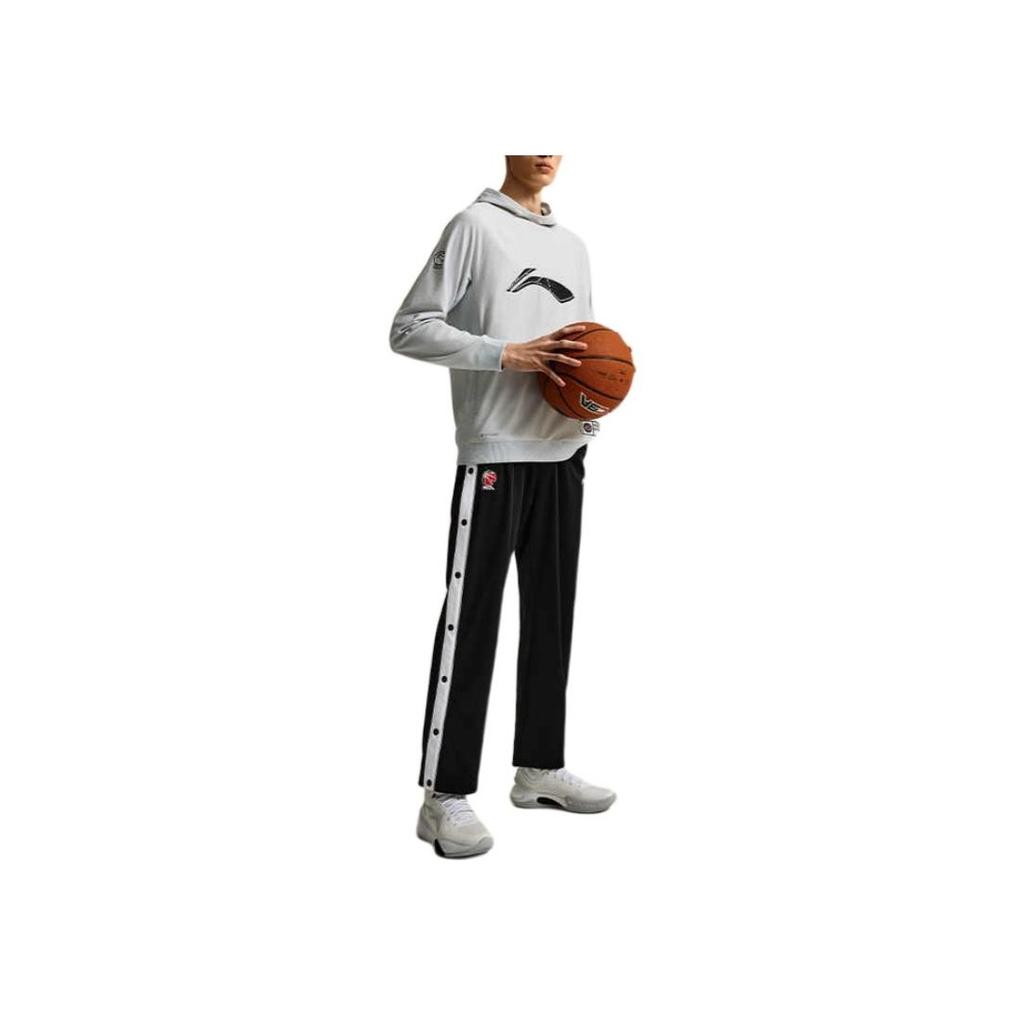 Li Ning CBA Series Professional Basketball Color Block Side Button Straight Leg Fleece Knit Sports Pants Men Bottoms Black AKLU075-1