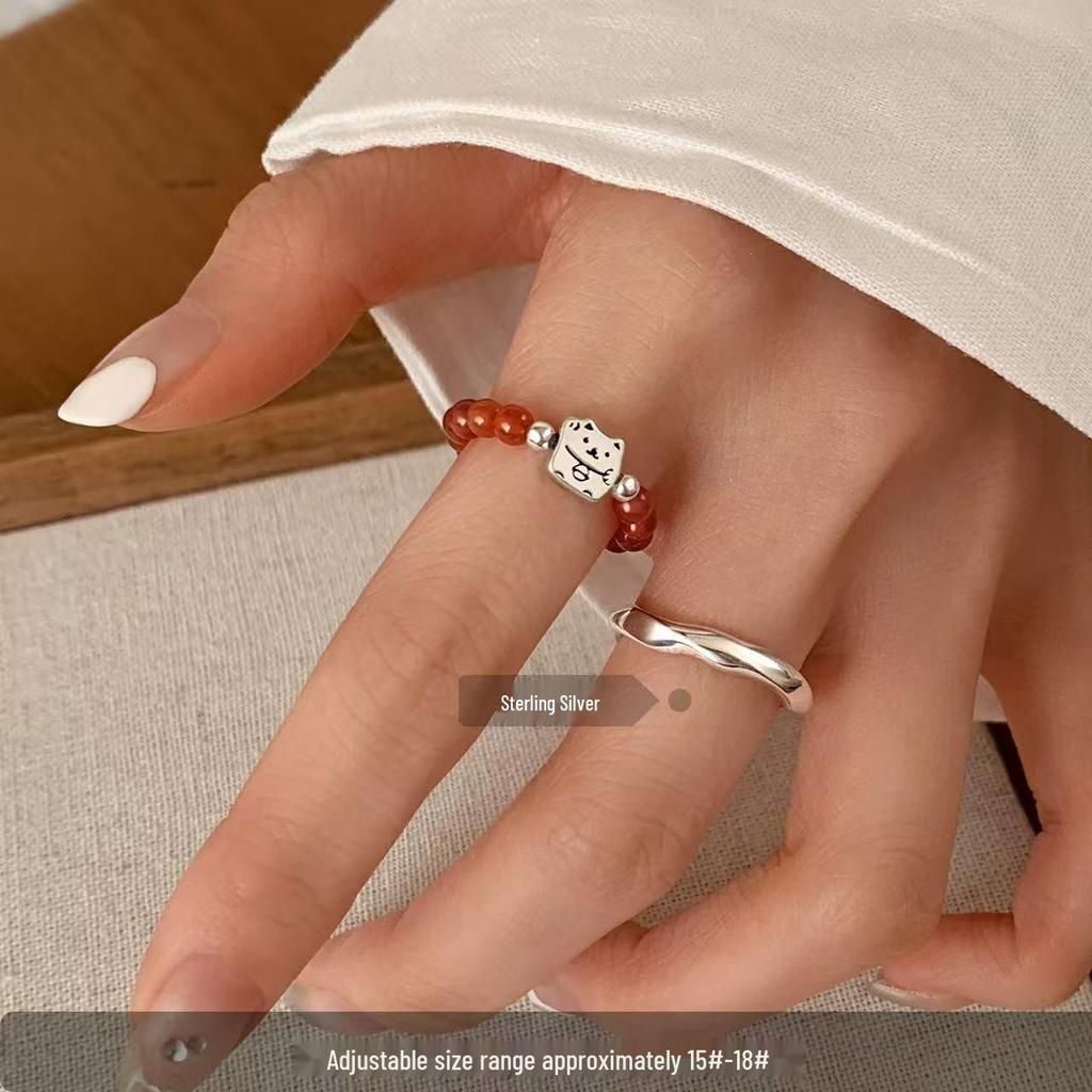 925 Sterling Silver Red Agate Lucky Cat Open Ring for Women - Elegant Index Finger Band