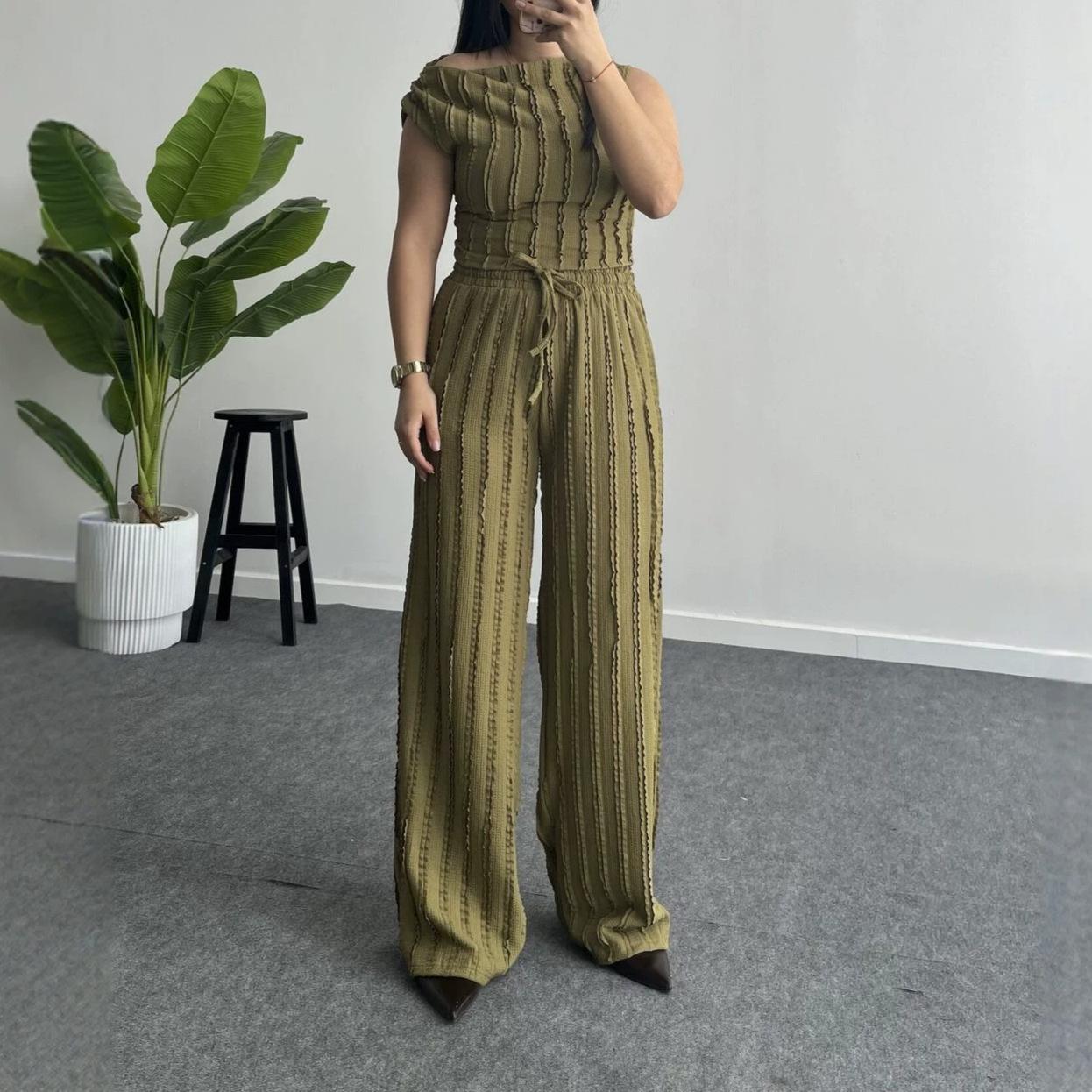 Amazon Women s New Niche Casual Style Striped Slant Neck Slim Top High Waist Wide Leg Pants Set XS оливковый
