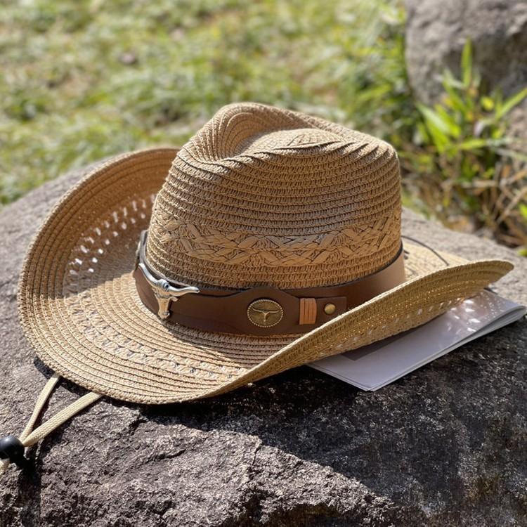 Bull head belt straw hat men and women spring and summer travel visor hat big brim western cowboy hat Tibetan straw jazz hat