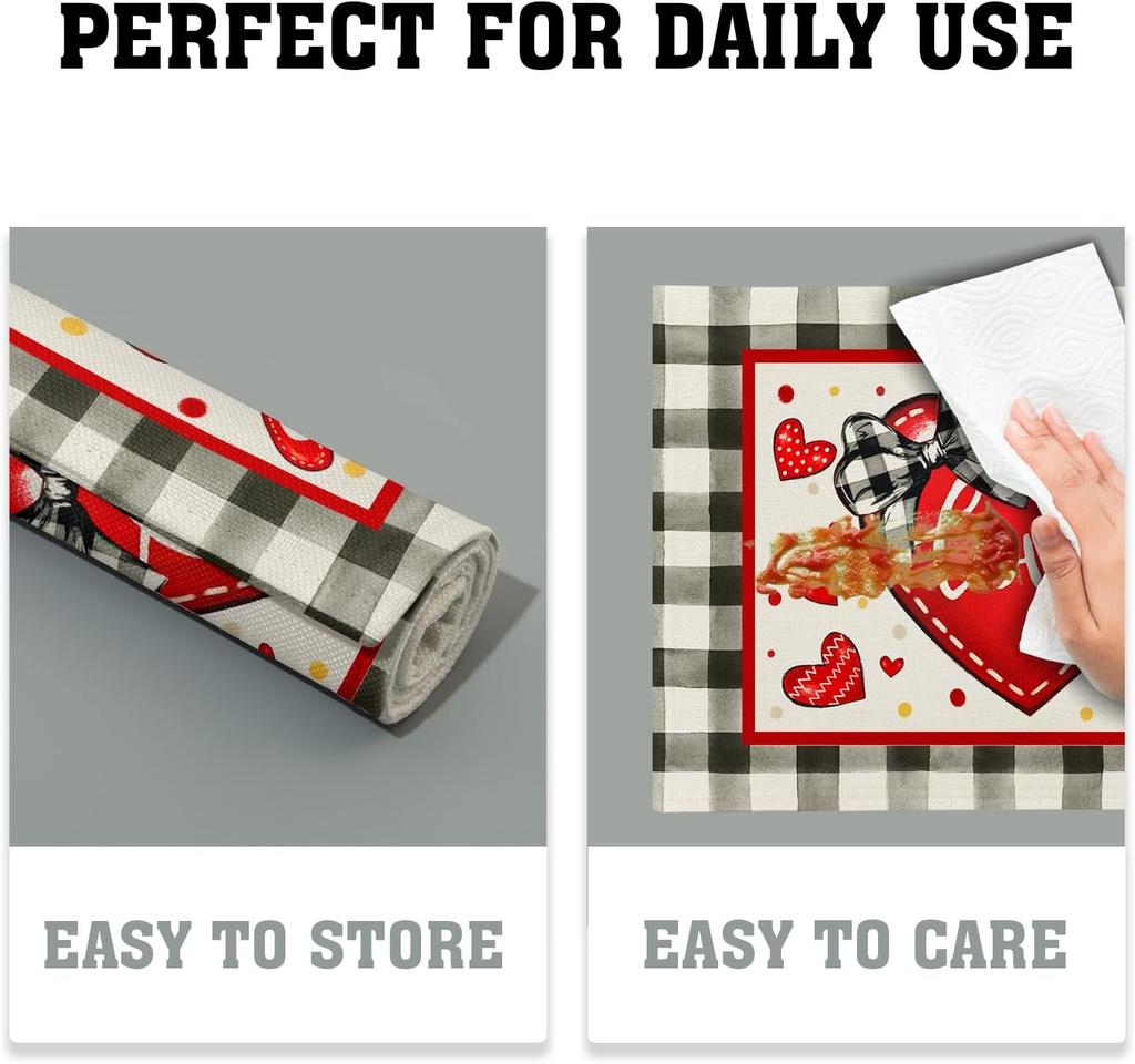Valentine's Day Placemats Set of 6 18x12 Inch Love Heart Buffalo Plaid Linen Place Mat Wipeable Galentines Table Mat
