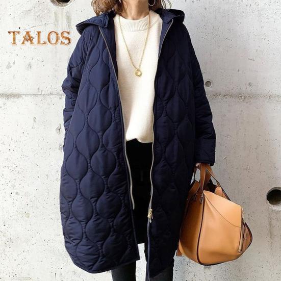 Fall Winter Women Jacket Hooded Zip-up Rhombus Texture Thin Padded Long Sleeves Mid Length Loose Work School Daily Coat