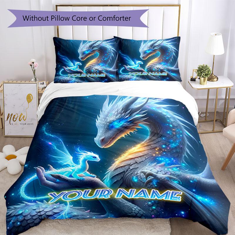 3PC Custom Name Ethereal Dragon Fantasy Bedding Set Printed Bedding Set Duvet Cover Closure Includes 1 Duvet Cover & 2 Pillowcases for All Seasons Bed