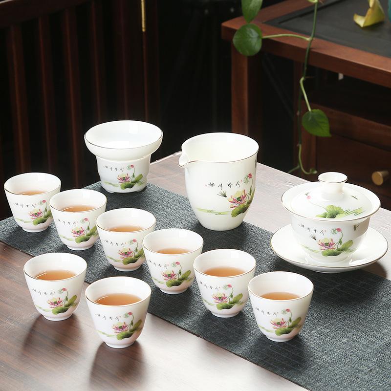 Company event business gifts, printed mutton fat jade porcelain Kung Fu tea set set, home gift gift