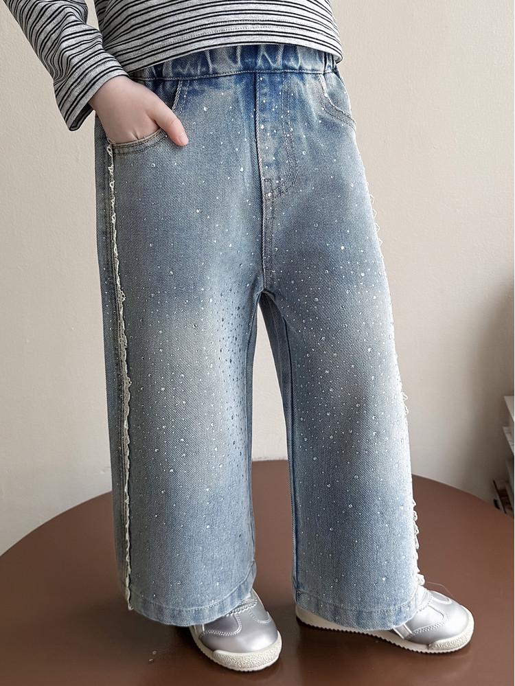 Girls' Rhinestone Lace Denim Pants - Spring/Autumn 2026: Stylish Wide-Leg Fashion for Little Girls