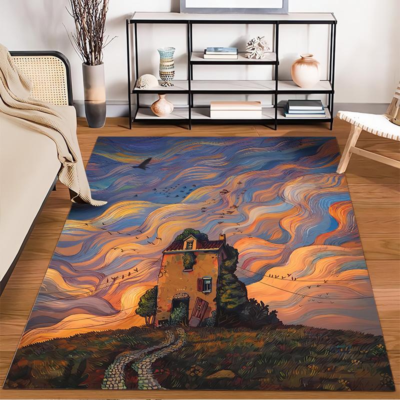 Colorful Artistic Carpet with House, Vibrant Sky, and Scenic Design Suitable for use as an anti-slip for living room bedroom sofas
