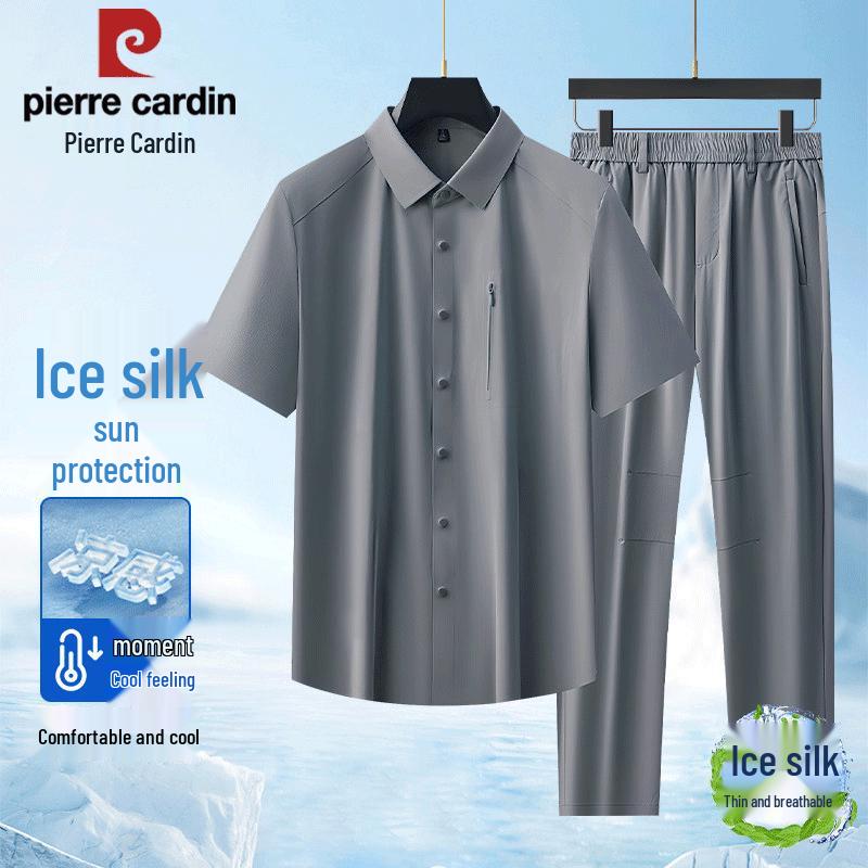 

Pierre Cardin Men s Casual Ice Silk Short-Sleeve Shirt Two-Piece Set XL