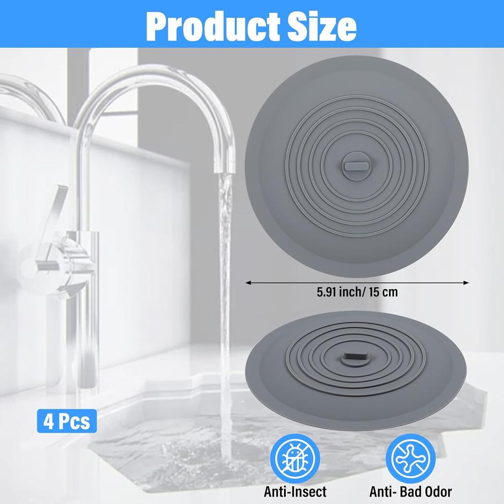 Tub Stopper 4 Pack, 6 inches Large Silicone Drain Plug Bathtub Drain Stopper Flat Suction Cover, Universal Flat Suction Shower Kitchen Cover,