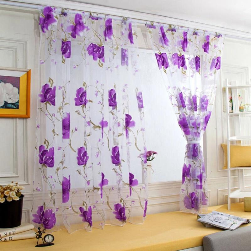 1Pc Kitchen With Eyelet Ring Top Voile Home Decor Floral Rod Pocket Top Bedroom Window Curtains 100X200CM