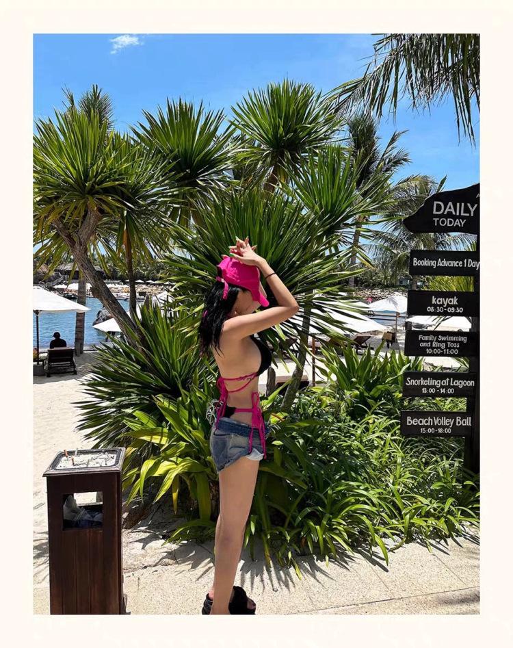 Thailand 2024 Color Block Women's Split Bikini Halter Tie-Up for Hot Springs