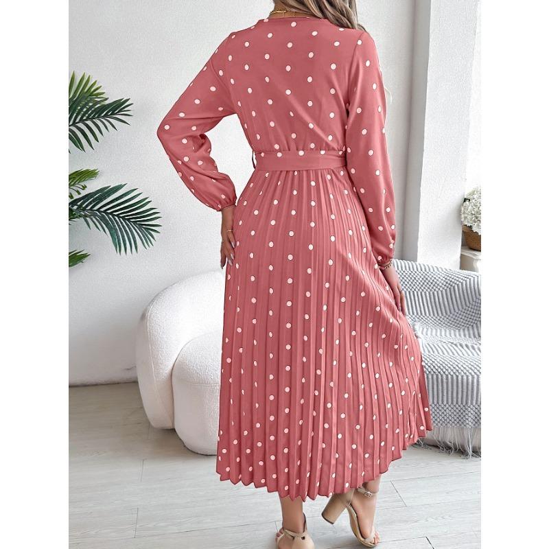 Autumn Winter Elegant Contrasting Wave Dot Cross V-neck Pleated Long Women's Clothing Casual Dresses