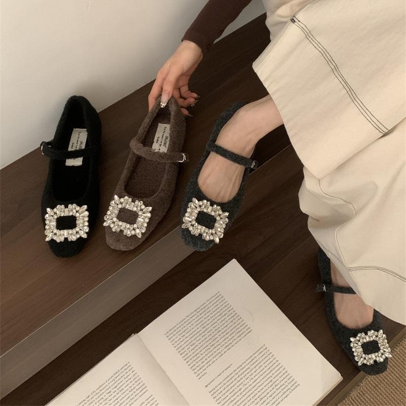 Xiaoxiangfeng woolen rhinestone square head fluffy Mary Jane shoes women's autumn and winter velvet cotton shoes middle heel ladyshoes women's sin