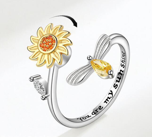 Cute Rabbit Animal Adjustable Open Rings For Women Crystal Anxiety Relief Spinning Rotate Freely Ring Jewelry Accessories