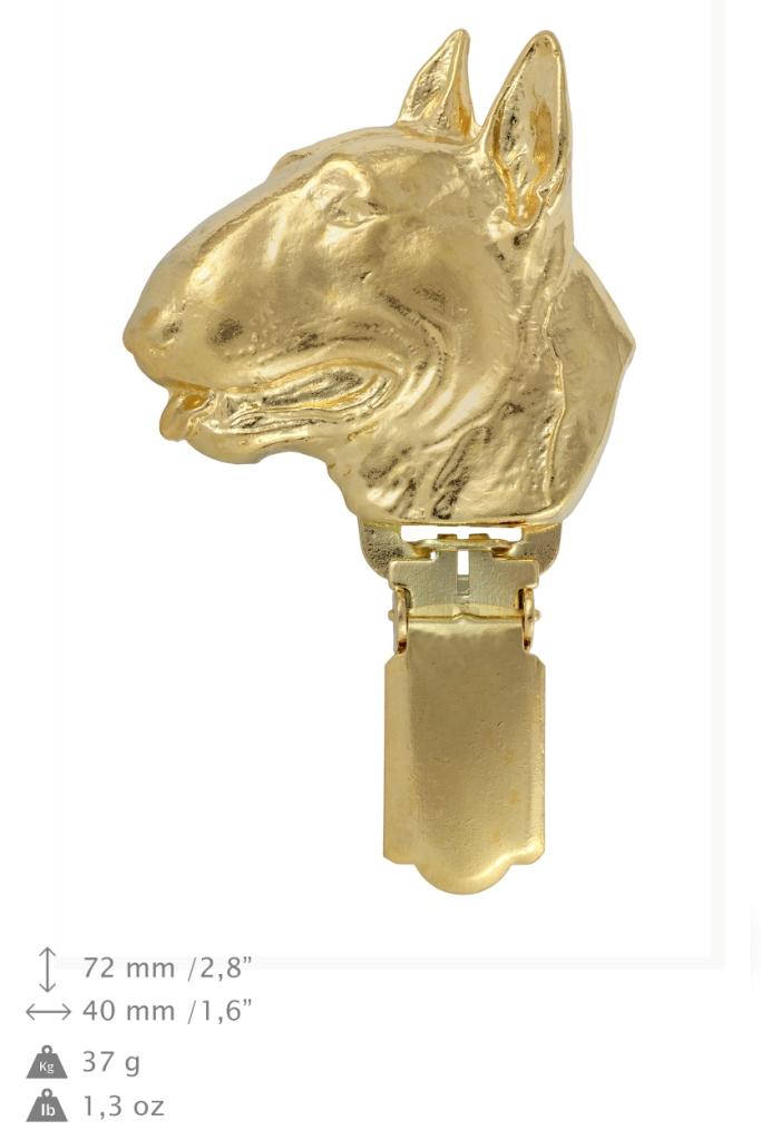 Bull Terrier, Bully – Brooch with a clip, gold-plated holder for a race number | Art-Dog