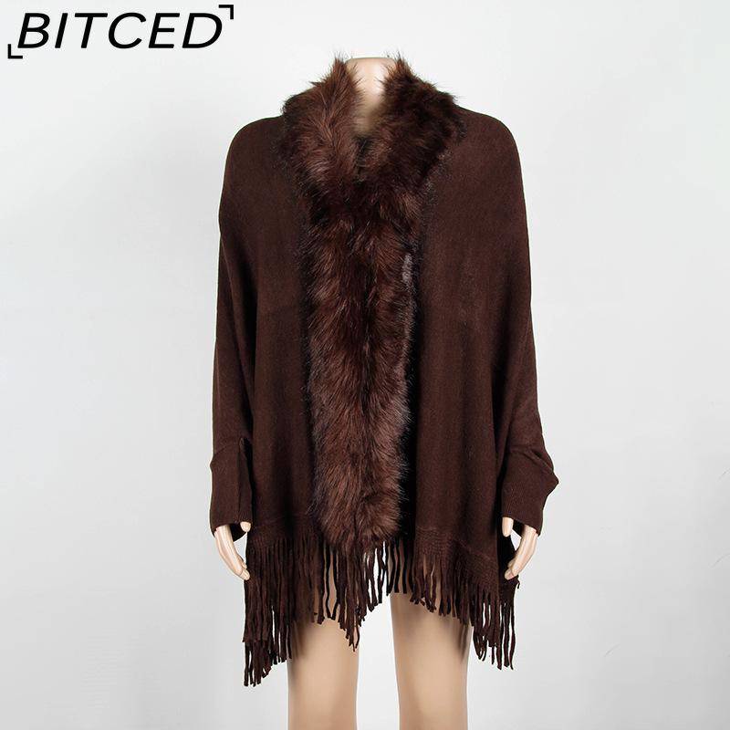 BITCED Fall/Winter Fringe Cape Shawl with Fur Collar Solid-Color Knit Sweater Jacket