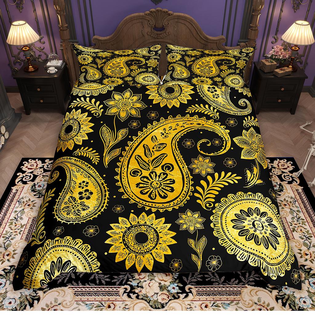Homewish Western Bohemian Sada povlaku na přikrývku 2ks/3ks, Sada povlaku na přikrývku s paisley damaškovým vzorem, Hippie Vintage ložní souprava