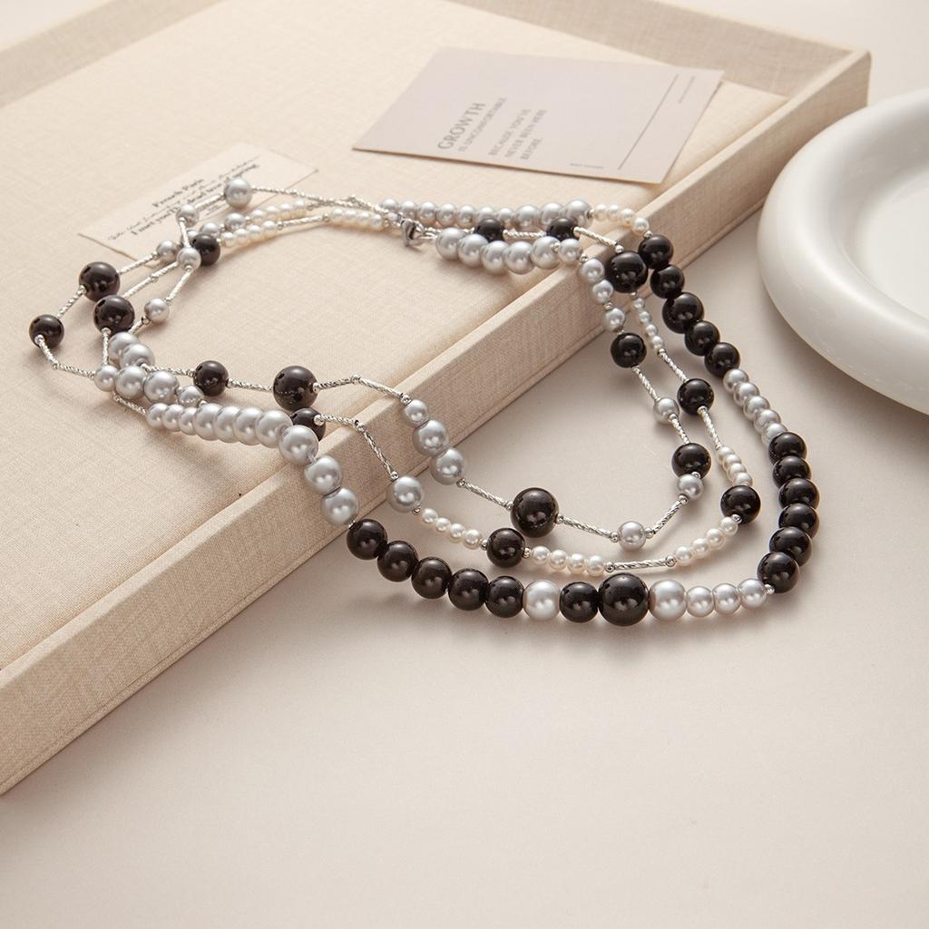 Creative Design High-End Beaded Neck Chain Long Double-Layer Retro Black Beaded Necklace Women'S Niche Simple Necklace