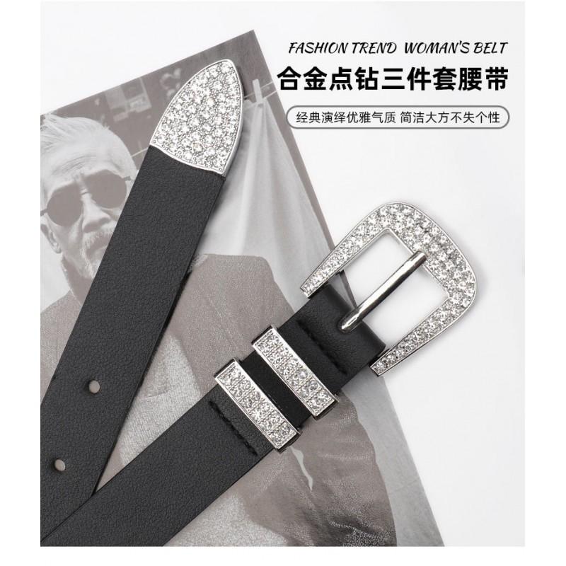 Womens Black PU Leather Belt With Rhinestone Decor Alloy Buckle Y2K Chic Waist Accessory Jeans Casual Office Wear