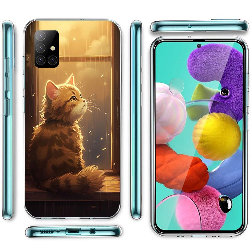Anime Cat Rain Animal Phone Case For Samsung Galaxy A52 A32 A22 A12 A02S A50S A30S A51 A31 AA71 Note 20 Ultra 10 S10 Plus Galaxy