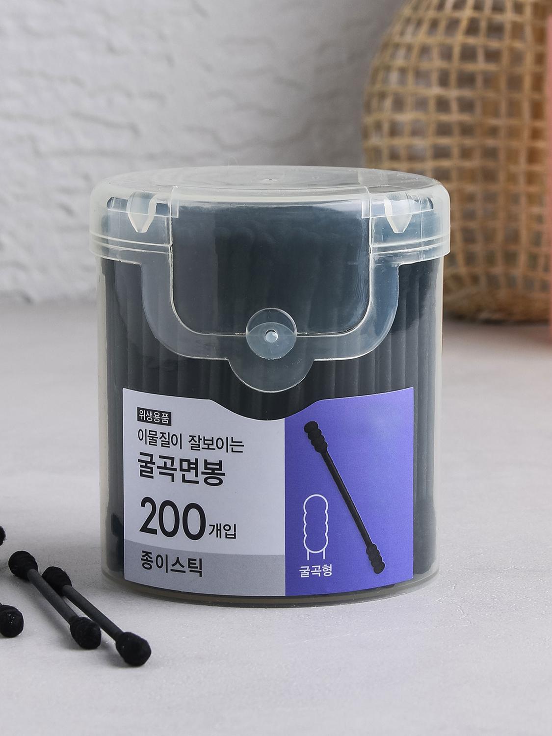 Black One-Touch Dispenser Case with 200 Paper Cotton Swabs 1ea