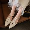 Xiaoxiangfeng Pointed Flat-bottomed Pearl Mary Jane Shoes Women's Niche Hollow Thong Belt Thick-heeled Low-heeled Shoes Single Shoes