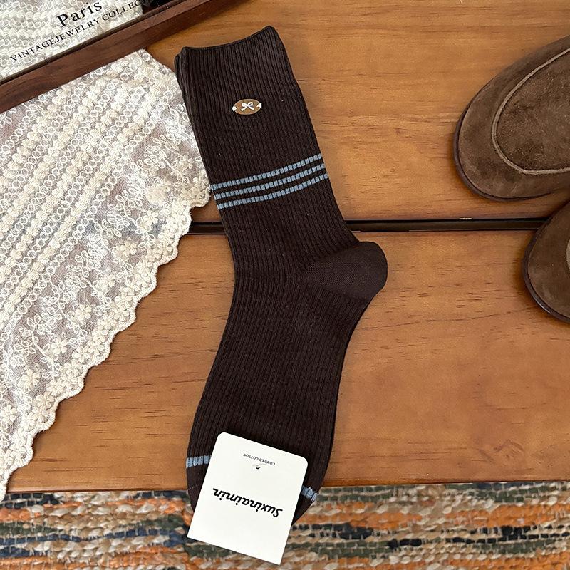 Autumn and Winter Bow-buttoned Mid-calf Socks, College-style Striped Blue Coffee-shaped Pile Socks