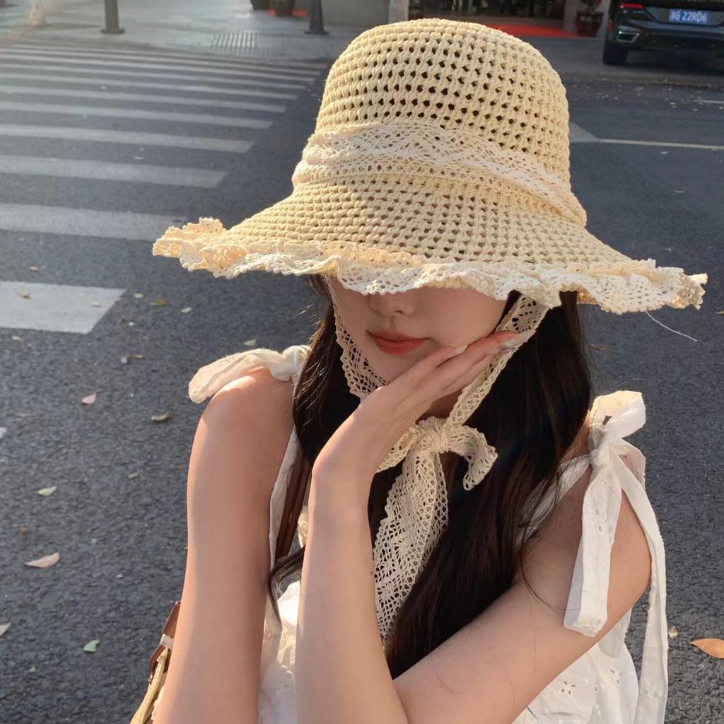 Summer travel sunscreen UV protection woven lace strap straw hat