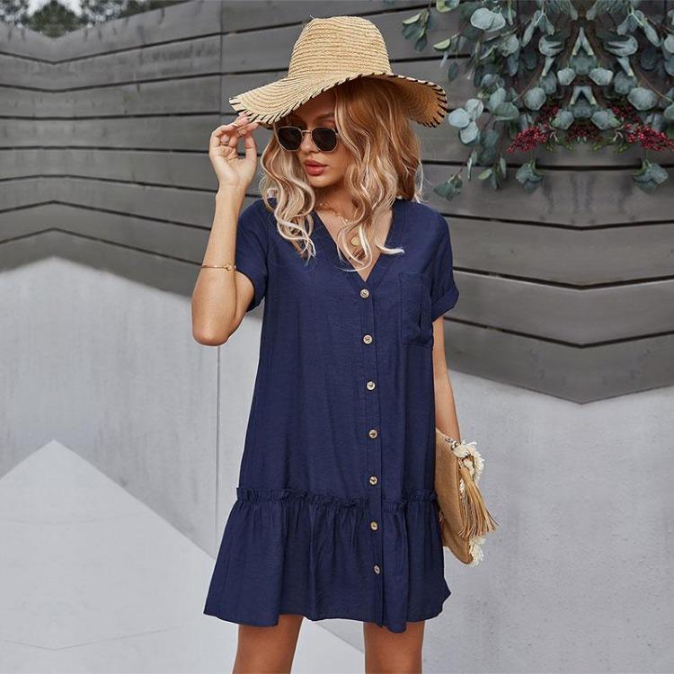 Summer Women Casual Short Dress V Neck Single Breasted A Line Solid Color Dresses Spring Summer Apricot Navy Blue Sizes S M L XL
