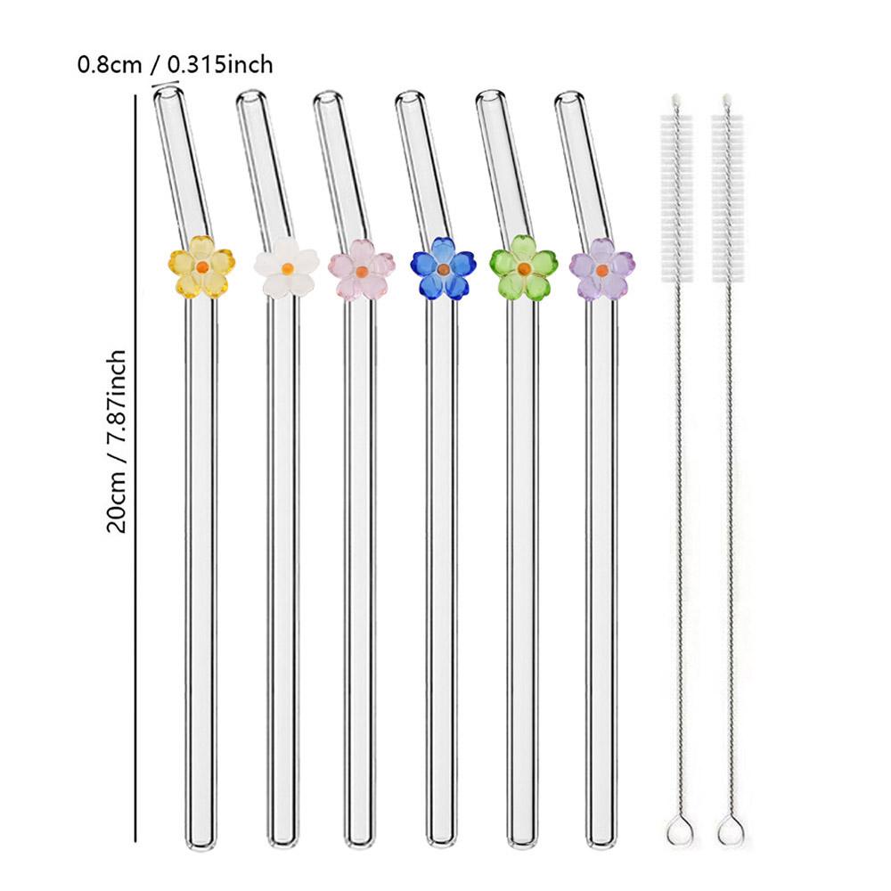 6PCS Reusable Drinking Straws Cute Flower Glass Straws with Cleaning Brush for Coffee Lover Smoothies Frozen Drinks Tea Juice