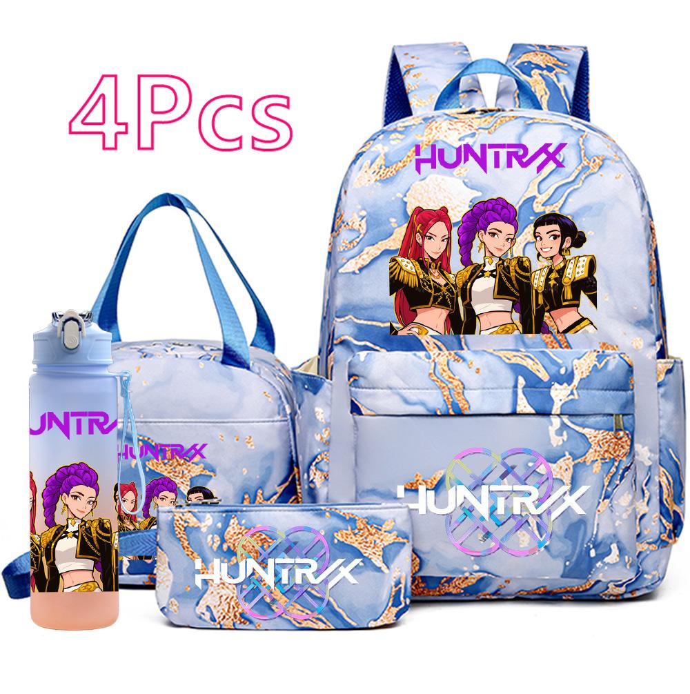 4 st/set K-Pop Tryckt Ryggsäck Handväska Pennfodral med 750 ml Vattenflaska för Tonårspojke Flicka Skolväska Student Stor Kapacitet Bokväska Barn Gåva