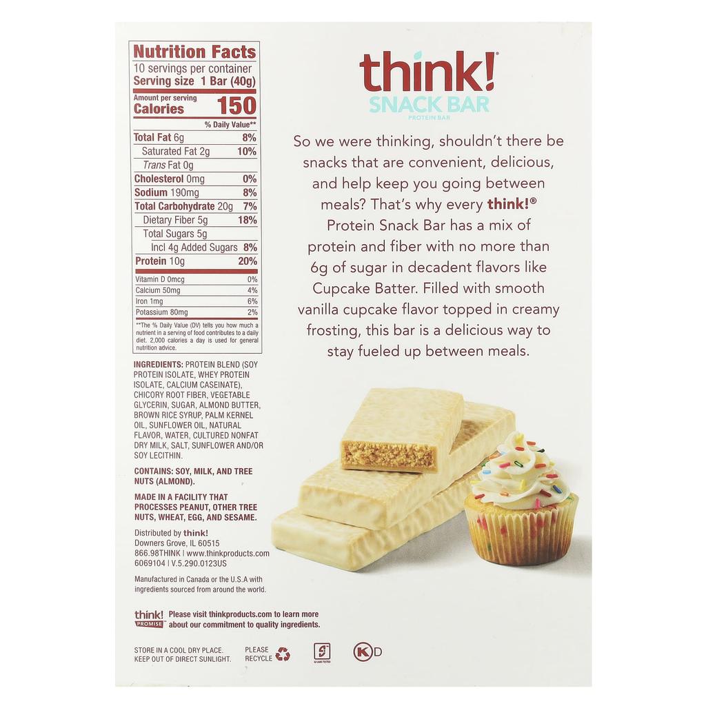 Think!, Snack Protein Bar, Cupcake Batter, 10 Bars, 40G (1.41Oz) Each