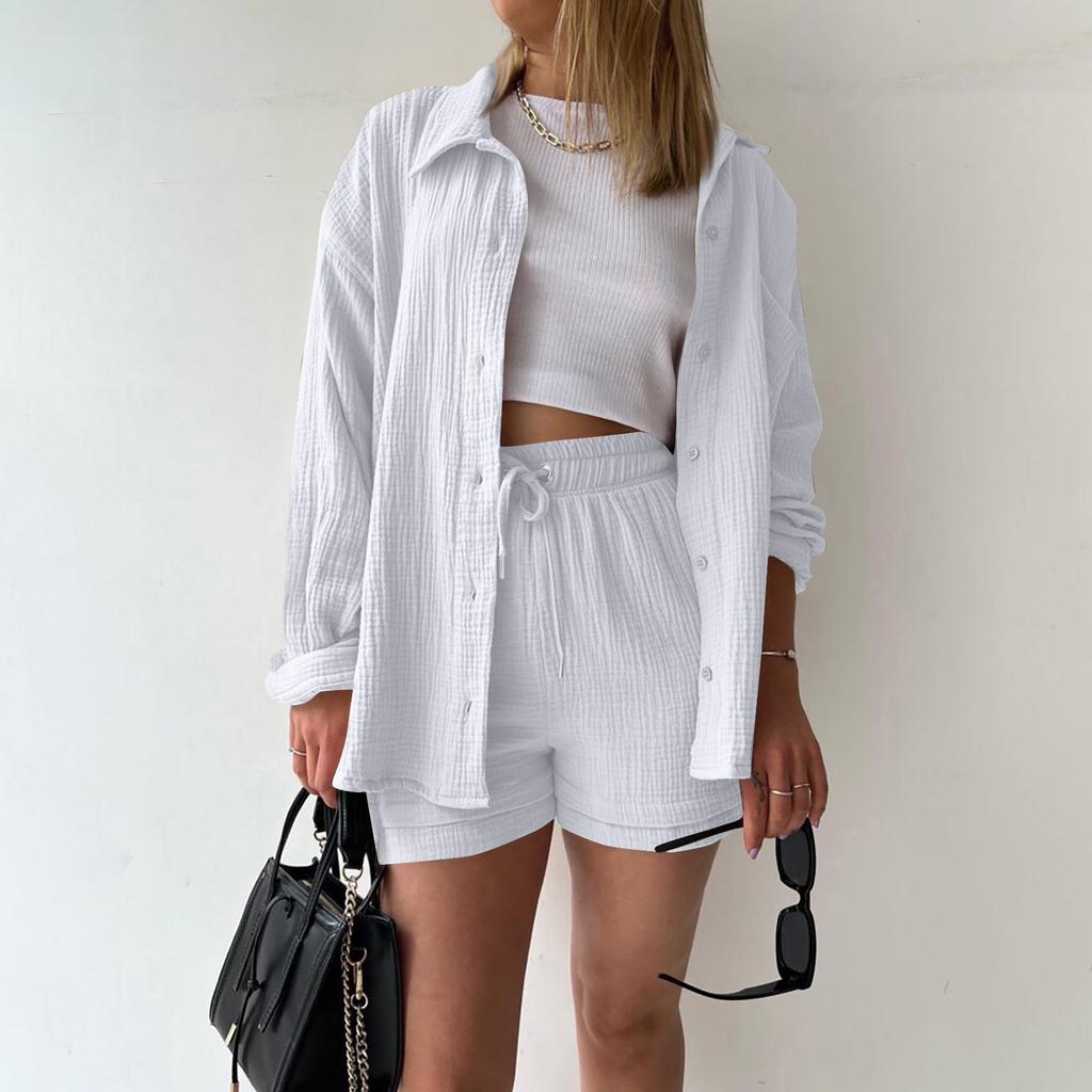 Two Piece Women's Summer Muslin Blouse Shirt And Shorts Clothes Two Piece Set Beach Outfit Set Two Piece Set Women