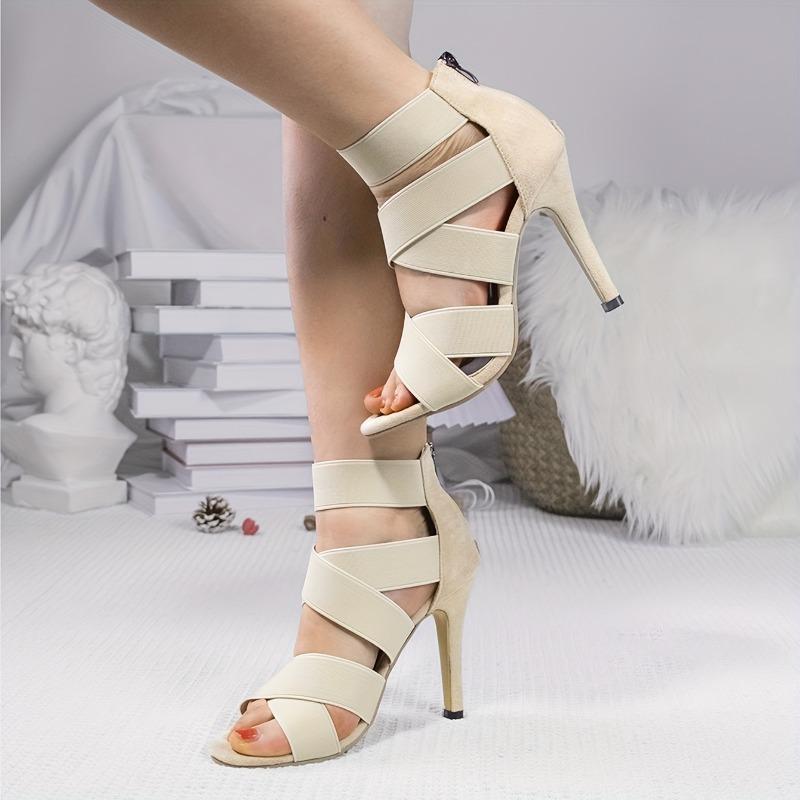 Women's Black Cover Stiletto Heels - Sexy Open Toe Jazz Dance Sandals with Elastic Cross Straps, Breathable Summer Fashion Heels, Performance Footwear